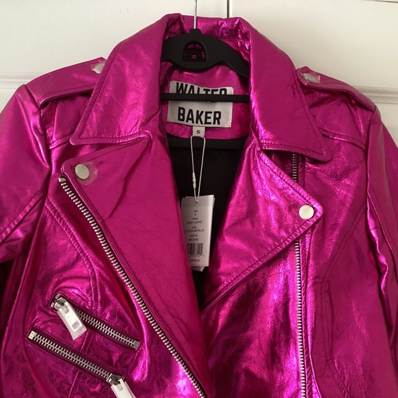 WALTER BAKER 💕🔥Genuine Leather Jenny Jacket in Fuchsia Metallic Crop Moto Fit - Picture 14 of 16